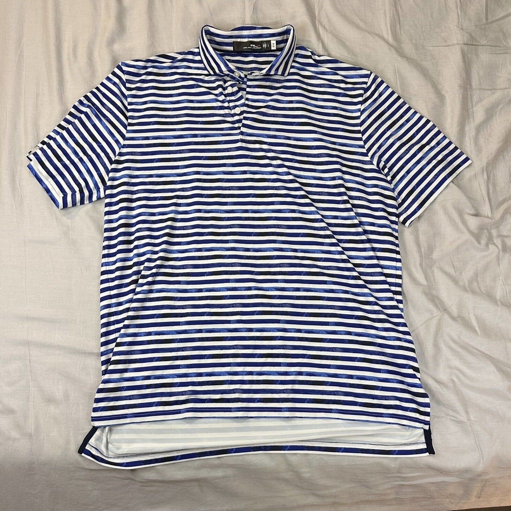 RLX polo Shirt Men’s L Blue White Striped Shirt Sleeve Golf Preppy